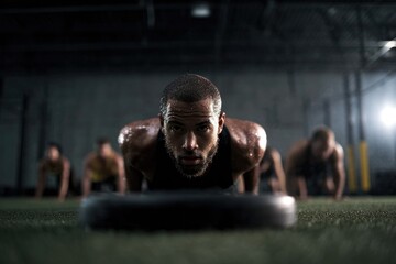 Focused athlete performing push-ups with determination in urban