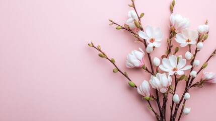 Obraz premium Delicate White Blossom Branches on Soft Pink Background for Spring Floral Design