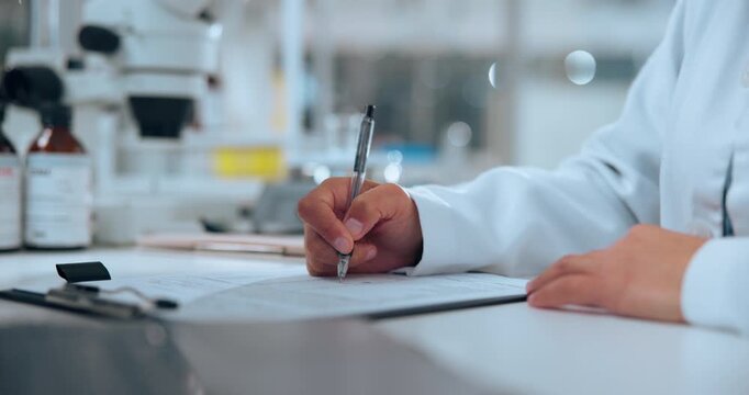 Scientist, hands and writing on clipboard in laboratory for experiment data, trial results and report. Science, person and checklist for medical research, pathology notes or pharmaceutical innovation