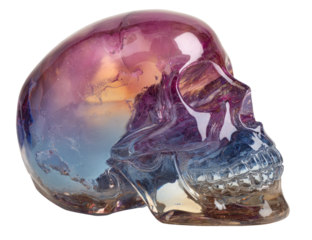 Iridescent crystal skull with vibrant colors and detailed texture on transparent background