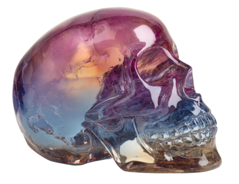 Iridescent crystal skull with vibrant colors and detailed texture on transparent background
