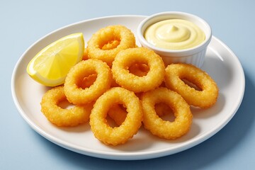 Naklejka premium Delicious crispy golden calamari rings with lemon wedge and dipping sauce on white plate on light blue background. Ai generative. Ai generative
