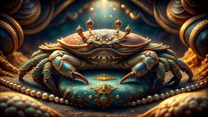 Fototapeta premium 3d illustration of a majestic, ornate crab, adorned with jewels and pearls, sits on a richly decorated cushion, symbolizing the zodiac sign cancer and the depths of the ocean