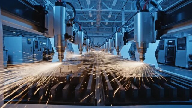 Magnet production with robotic arm grinding and cutting metal surfaces, sparks flying in high-speed automation environment showcasing precision and modern manufacturing