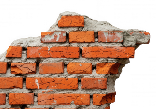 Crumbled orange brick wall texture grey isolated on a transparent background