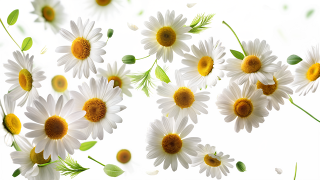 3d illustration of a collection of delicate white daisies with yellow centers scattered across a clean transparent background, isolated on transparent background