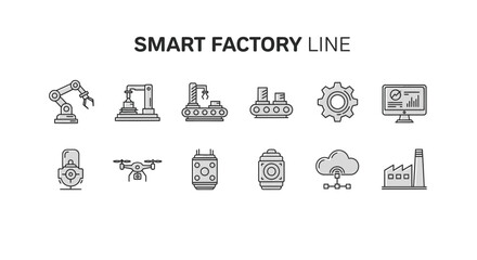 Fototapeta premium Smart factory line icons representing automation technology and industrial processes vector