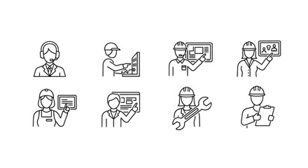 Fototapeta premium Sketched icons of engineers and technicians working with technology and blueprints vector
