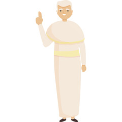 Elderly Man in White Robe with Yellow Sash Pointing Upward with Index Finger on Transparent Background Full Body Studio Shot