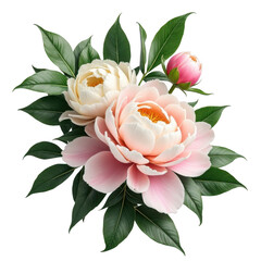 Soft pink peony flowers with green leaves and bud isolated isolated on transparent background