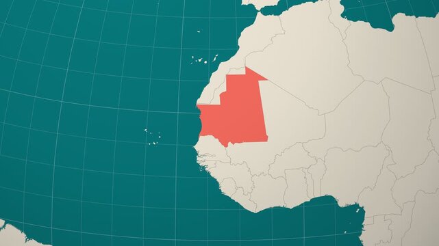 Mauritania map. Animated zoom into the country on the Globe in Teal Pale Mint color palette. Country logo animation. Map with meridians, parallels. Modern video.