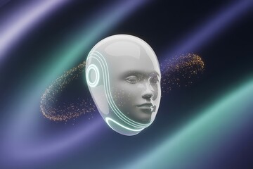 Futuristic white humanoid mask with glowing blue lines and particles representing artificial intelligence and the metaverse
