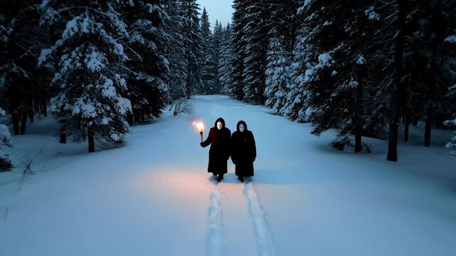 Two masked people in black cloaks walk on snowy path through winter forest at dawn with one holding a torch for pagan ritual footage.