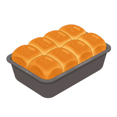Freshly baked golden brown dinner rolls in a baking pan ready to serve isolated on transparent background