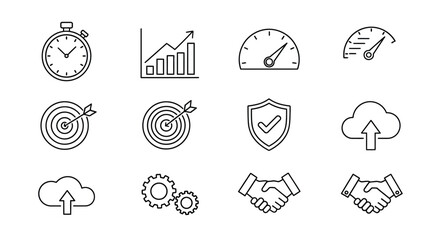 Fototapeta premium Doodle icons representing business growth productivity security technology and collaboration concepts vector