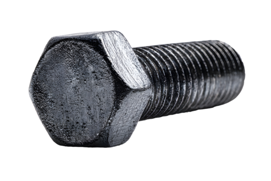 Metal bolt hex nut black dark aluminum isolated on cutout PNG transparent background. Technology for fastening various devices in industrial applications.