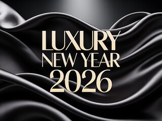 Elegant black silk fabric drapes adorned with golden text announcing luxury new year 2026 celebration