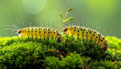 Two caterpillars face a small plant on vibrant green moss, blurred bokeh background
