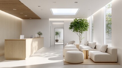 Bright doctor office lobby, minimalist design with wooden counter, white walls, potted plant, and comfortable beige seating