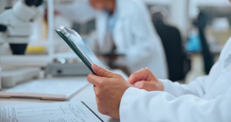 Person, hands and research with tablet for forensic study, science or medical discovery in lab. Scientist, scrolling and browsing with technology or analysis for exam, test results or healthcare data - Powered by Adobe