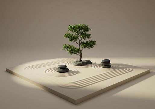 Find inner peace with this tranquil zen garden featuring smooth sand, balanced stones and a small bonsai tree to create a calming and meditative atmosphere - Powered by Adobe