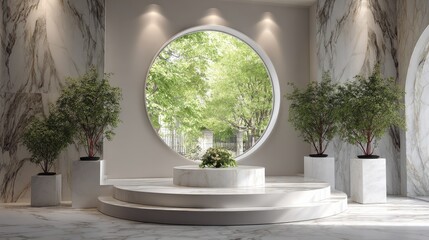 Contemporary marble room design with circular window opening to greenery, white podium centerpiece and decorative planters