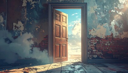 An open wooden door beckons from a crumbling, textured room, revealing a bright, sunlit expanse