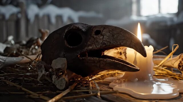 Pagan ritual with raven skull, candle, and bones on wooden table in winter scene, dark magic ceremony footage.