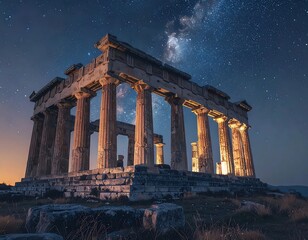 Obraz premium Ancient stone temple ruins with tall columns stand proudly beneath a vibrant, star-filled night sky