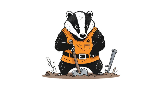 A cartoon badger in an orange vest digging with a shovel on a white isolated background