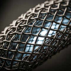 Twisted Metallic Mesh Tube – Abstract Futuristic Structure, Close-up macro of twisted metallic mesh with light passing through, creating an abstract futuristic design with detailed reflections