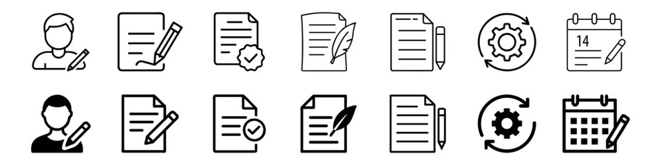 Set of document, writing, and calendar icons, paperwork, note-taking, scheduling, and process management symbols, outline and filled vector styles