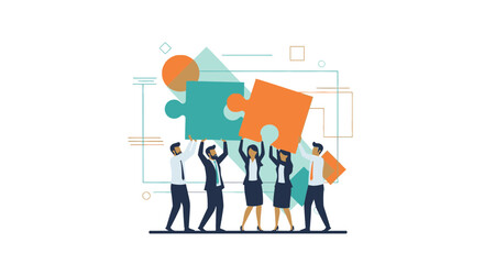Teamwork Unites Diverse Individuals Assembling Puzzle Pieces for Unified Success