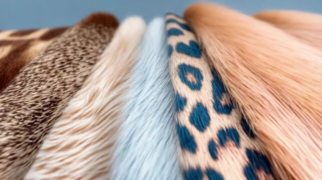 Colorful arrangement of animal furs featuring leopard, tiger, and wolf patterns