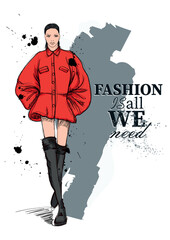 Vector fashion sketches of young woman in fashion clothing outfits, flat drawings
