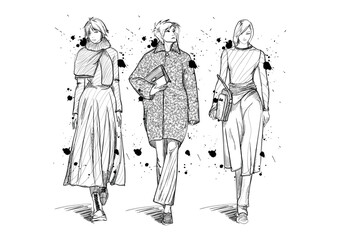 Vector fashion sketches of young woman in fashion clothing outfits, flat drawings