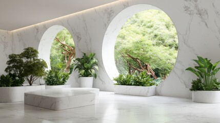 Fototapeta premium Modern minimalist room with white marble-textured walls, large circular windows framing a lush green garden, elegant white podium and stylish planters
