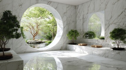 Modern serene marble room with organic circular opening, garden reflections, white decor and planters