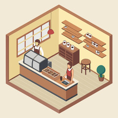 business people Isometric vector illustration of coffee shop interior, barista preparing coffee, cozy cafe style.