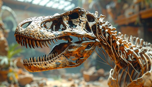 Close-up of a weathered dinosaur skeleton exhibit, showcasing intricate bone details and dappled light in a museum setting - Powered by Adobe
