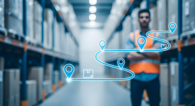 Supply Chain Tracking Route in Warehouse with Location Pins