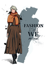 Vector fashion sketches of young woman in fashion clothing outfits, flat drawings