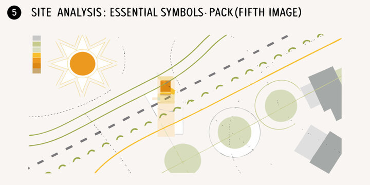 Architectural site analysis diagram showing sun path roads buildings and green spaces