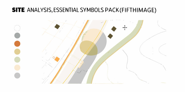 Architectural site analysis graphic with abstract symbols and color swatches for design planning