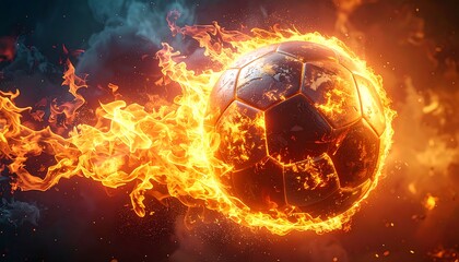 Fiery soccer ball hurtling through smoky air, engulfed in bright orange flames and sparks, motion blur effect