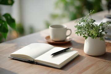 Open notebook, pen, and plant on a clean desk, representing journaling, mindfulness, and balance.