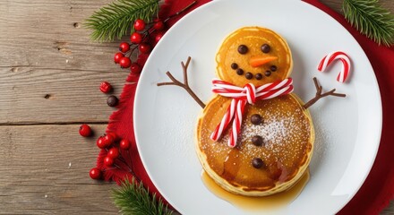 Fun snowman pancake breakfast for kids on a wooden table