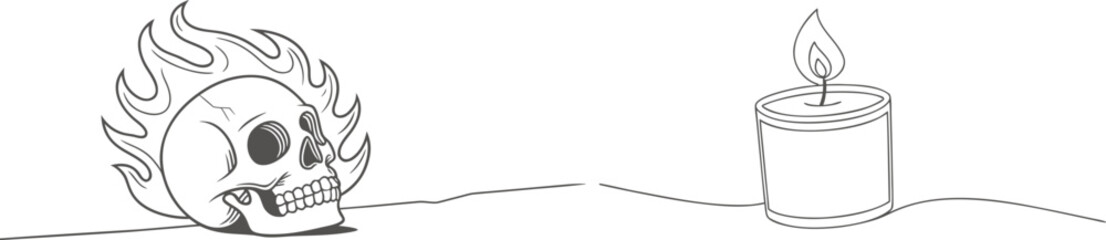 Minimalist line art skull with flames looking at a burning candle. Creative black and white illustration concept for Halloween, horror, or gothic themed designs and tattoo art.