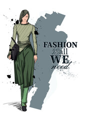 Vector fashion sketches of young woman in fashion clothing outfits, flat drawings
