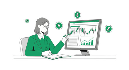 Woman Analyzing Financial Data And Taking Notes with Charts and Dollar Signs.